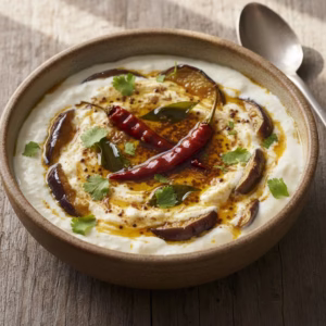 Creamy and flavorful Dahi Baingan curry with tender eggplants, garnished with fresh coriander
