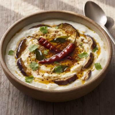 Creamy and flavorful Dahi Baingan curry with tender eggplants, garnished with fresh coriander