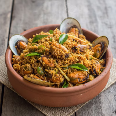 Kerala-style mussels thoran served with steamed rice