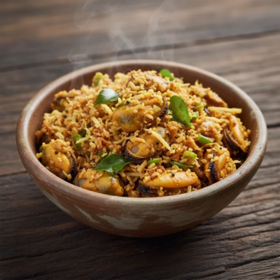 Angled shot showing the texture of Kerala-style mussels thoran