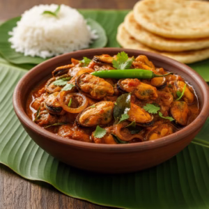 Cooked Kerala mussels without shells, prepared with coconut, curry leaves, onions, and spices
