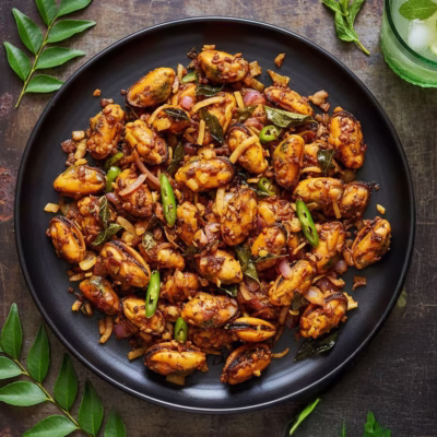 Kerala-style mussels fry in a pan with curry leaves and spices