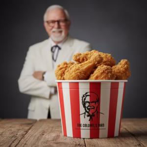 Bucket of crispy fried chicken inspired by KFC with a Colonel Sanders style figure in the background