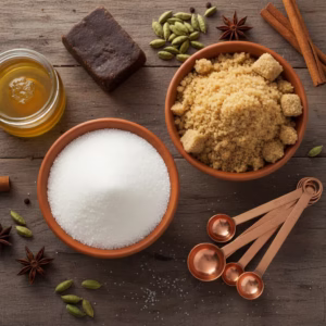 Bowls of brown sugar and white sugar with measuring spoons, showing a comparison for cooking and nutrition guide