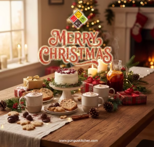 Festive Christmas table with holiday treats, decorations, and cozy warm ambiance