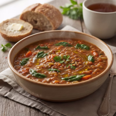 Delicious and healthy lentil and spinach soup served in a bowl