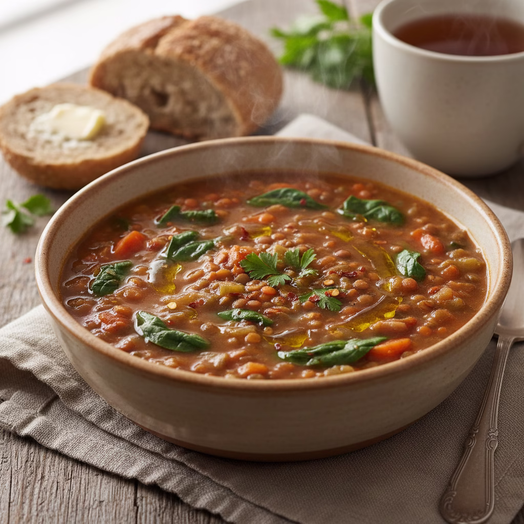 Delicious and healthy lentil and spinach soup served in a bowl