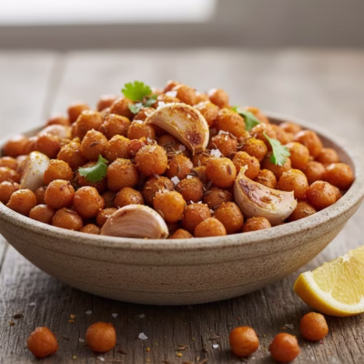 Crispy fried chickpeas with garlic and spices in a bowl, garnished with coriander and lemon