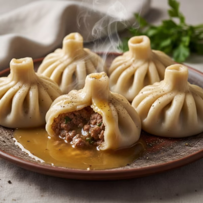 Georgian Khinkali dumplings with juicy meat filling and savory broth