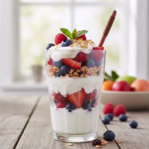 Greek Yogurt and Berry Parfait in a glass with granola and chia seeds