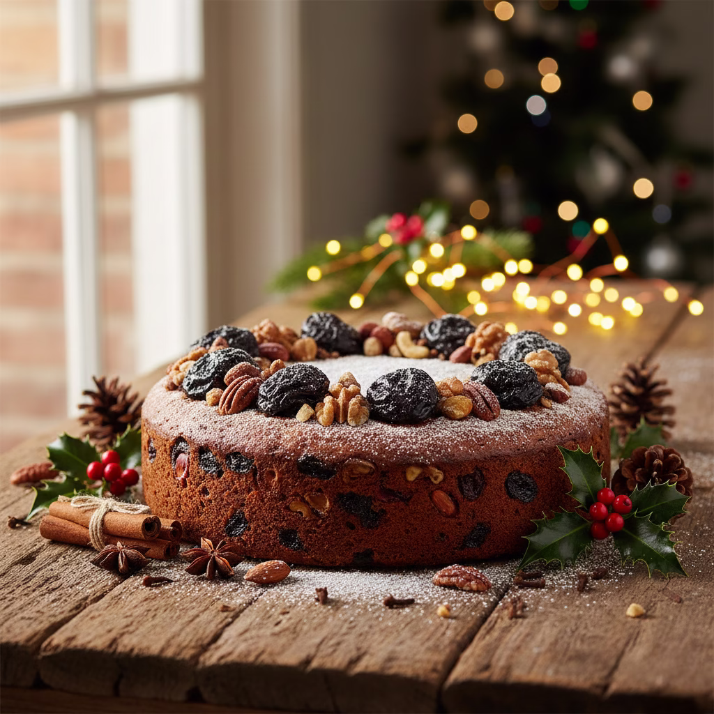Traditional Christmas plum cake on a festive table with spices and holiday décor