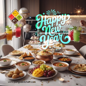 Realistic Indian home kitchen celebrating New Year with traditional dishes, desserts, beverages, and subtle festive decorations