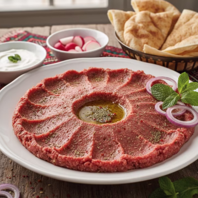 Kibbeh Nayyeh served with olive oil, fresh mint, and sliced onions on a traditional Lebanese plate