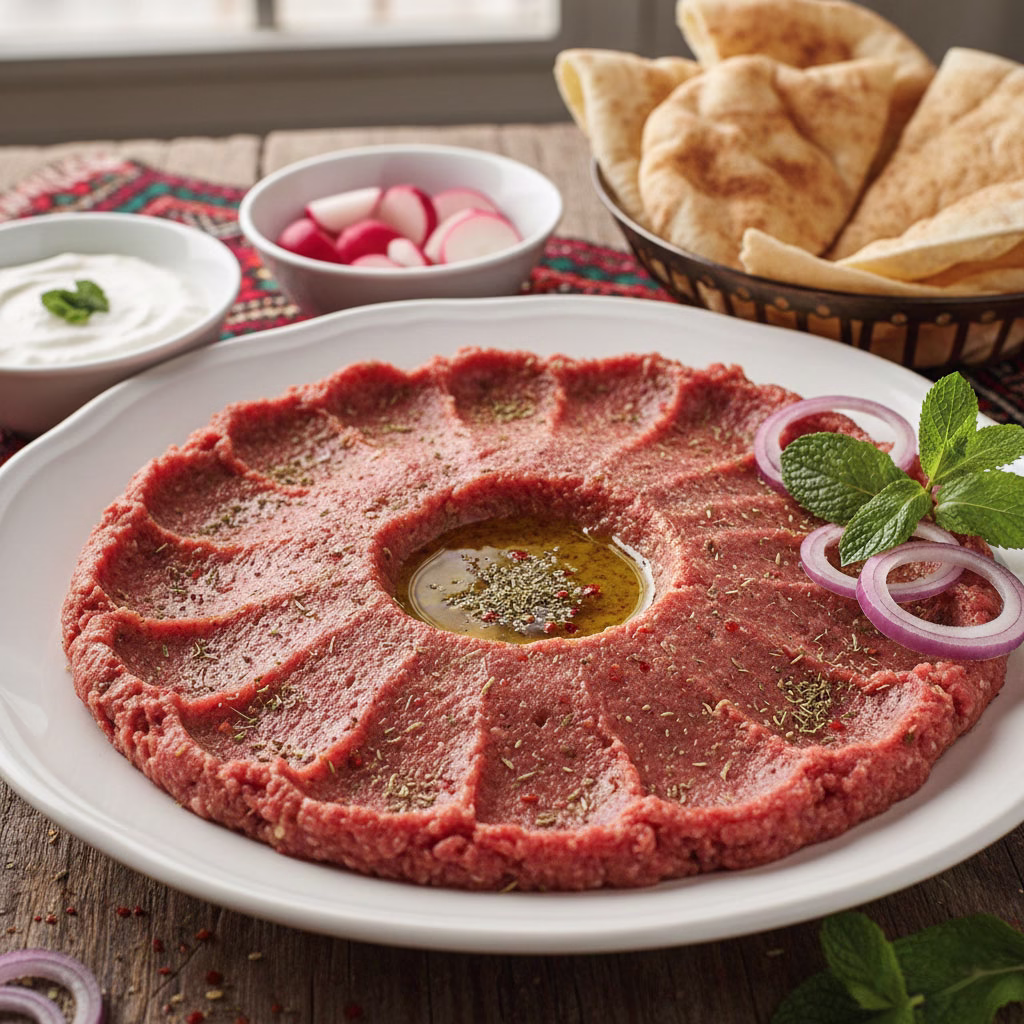 Kibbeh Nayyeh served with olive oil, fresh mint, and sliced onions on a traditional Lebanese plate