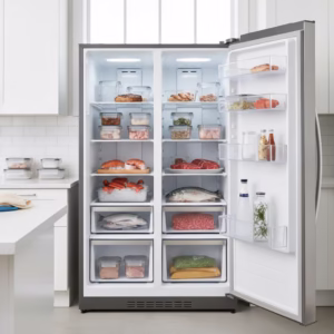 Fresh raw and cooked meat and fish stored safely in a fridge for proper food storage.