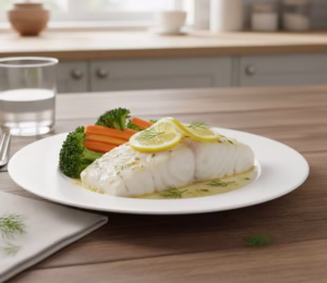 Steamed fish fillets with broccoli and carrots garnished with lemon and herbs