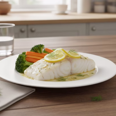 Steamed fish fillets with broccoli and carrots garnished with lemon and herbs