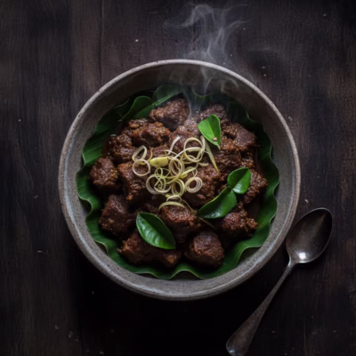Beef Rendang slow-cooked in coconut milk with aromatic spices