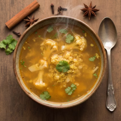 Cauliflower soup with soft moong dal and coriander garnish in a rustic bowl
