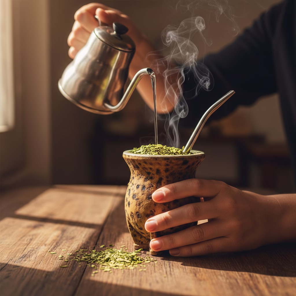 ands preparing Hot Yerba Mate in a traditional gourd, inserting a bombilla and pouring steaming hot water