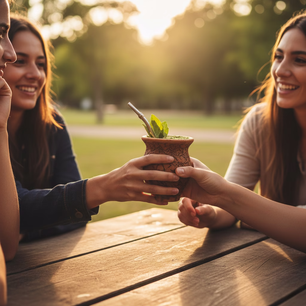 Group of friends sitting around a rustic table, smiling and sharing a traditional Yerba Mate gourd with green leaves and bombilla outdoors