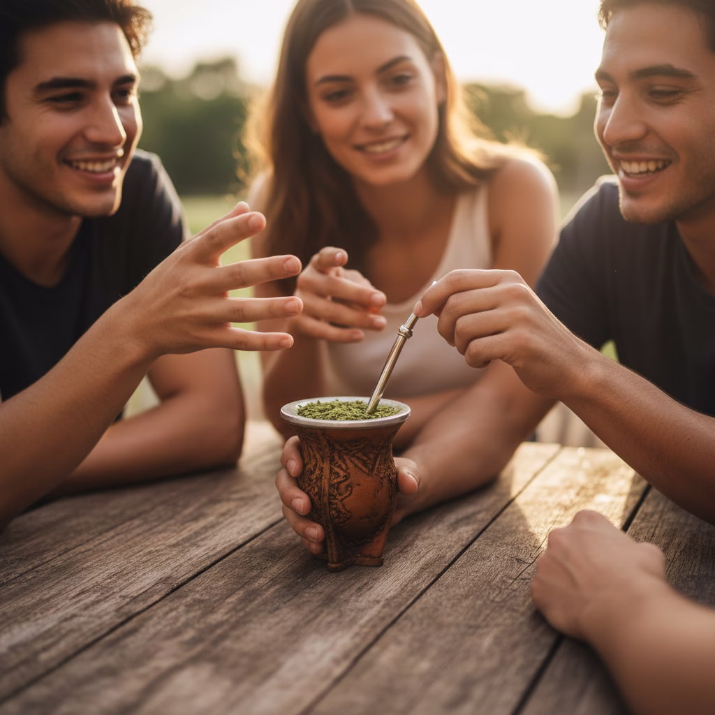 Group of friends sitting around a table, sharing a traditional Yerba Mate gourd and sipping through bombillas, outdoors in natural sunlight