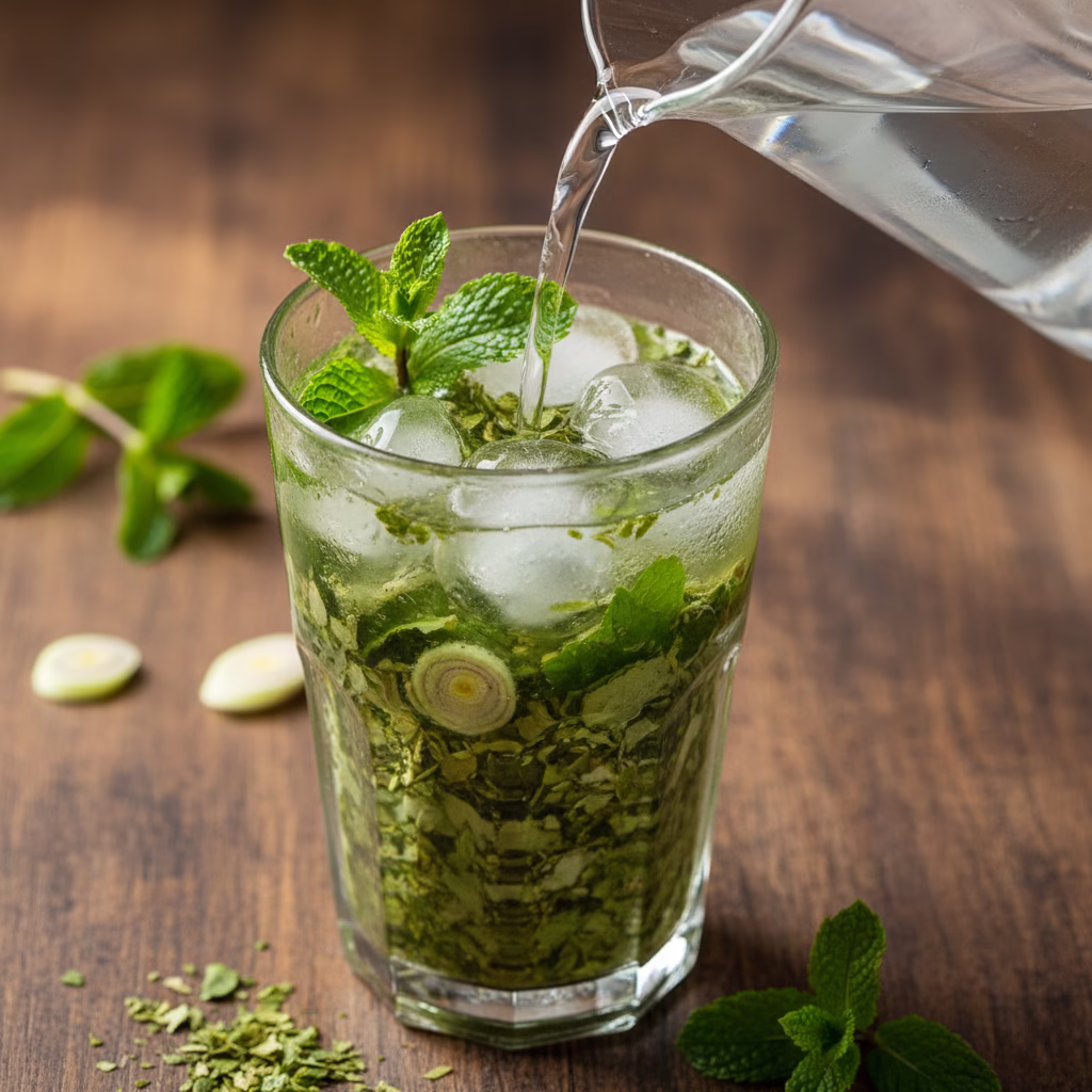Cold Tereré glass filled with green Yerba Mate leaves, ice cubes, and fresh herbs, with condensation on the glass