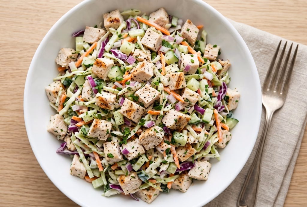 High protein chicken salad with finely chopped vegetables and creamy dressing in a white bowl