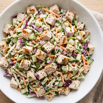 High protein chicken salad with finely chopped vegetables and creamy dressing in a white bowl