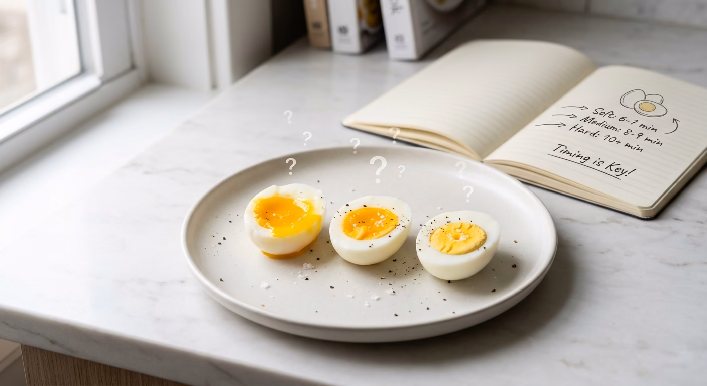 boiled eggs faq guide showing different egg types soft medium hard with question theme