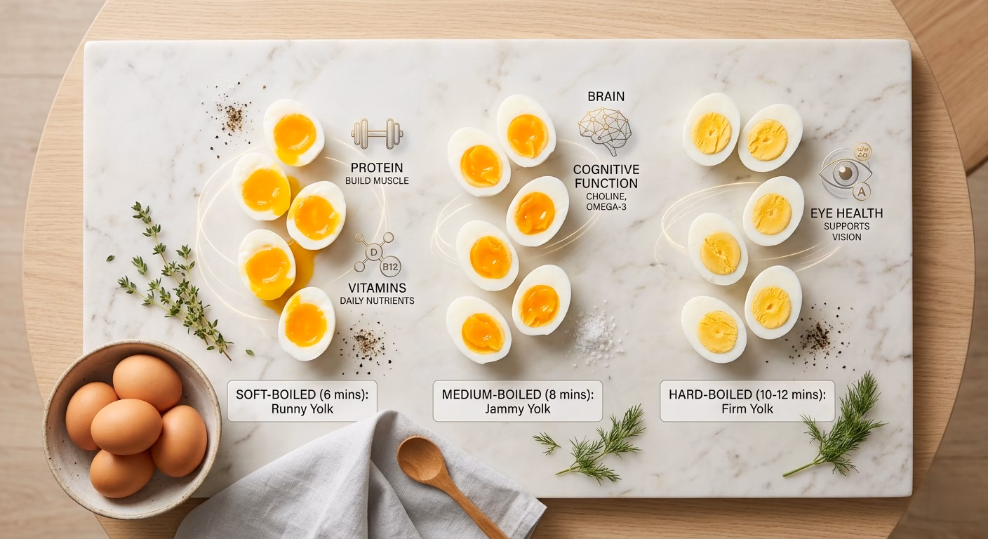 boiled eggs nutrition breakdown showing protein vitamins and health benefits on clean background