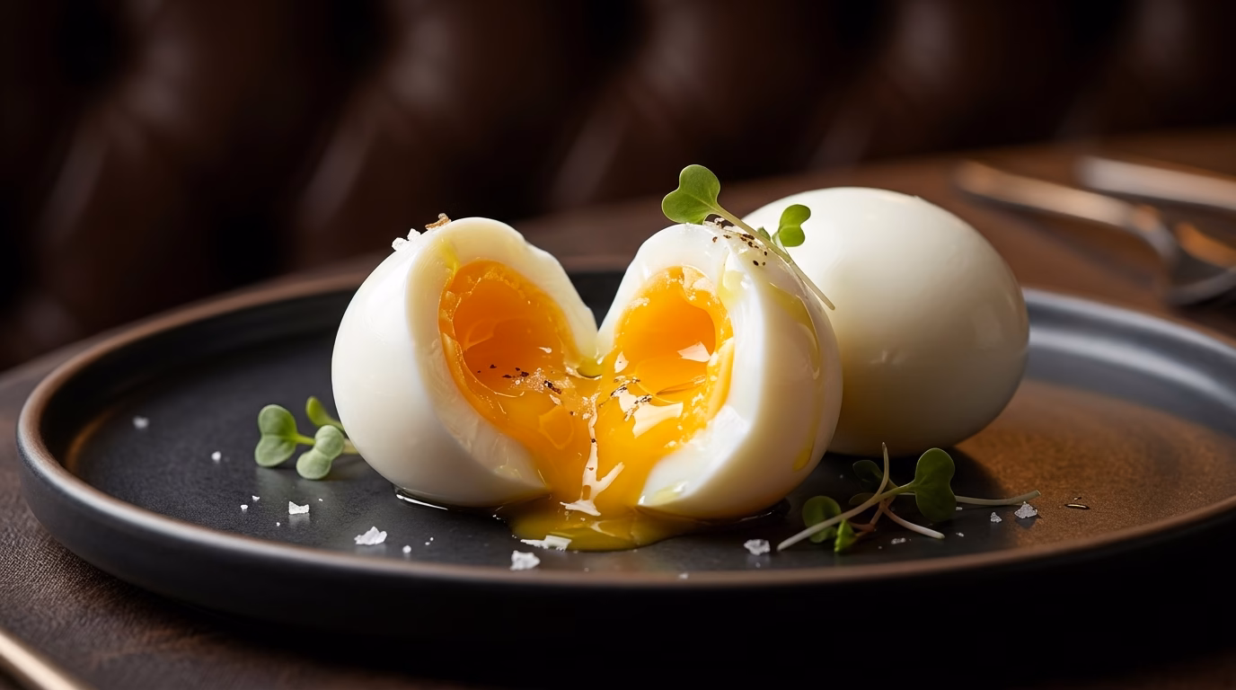 slow cooked egg cut open with creamy custard yolk and silky soft egg white on gourmet plate