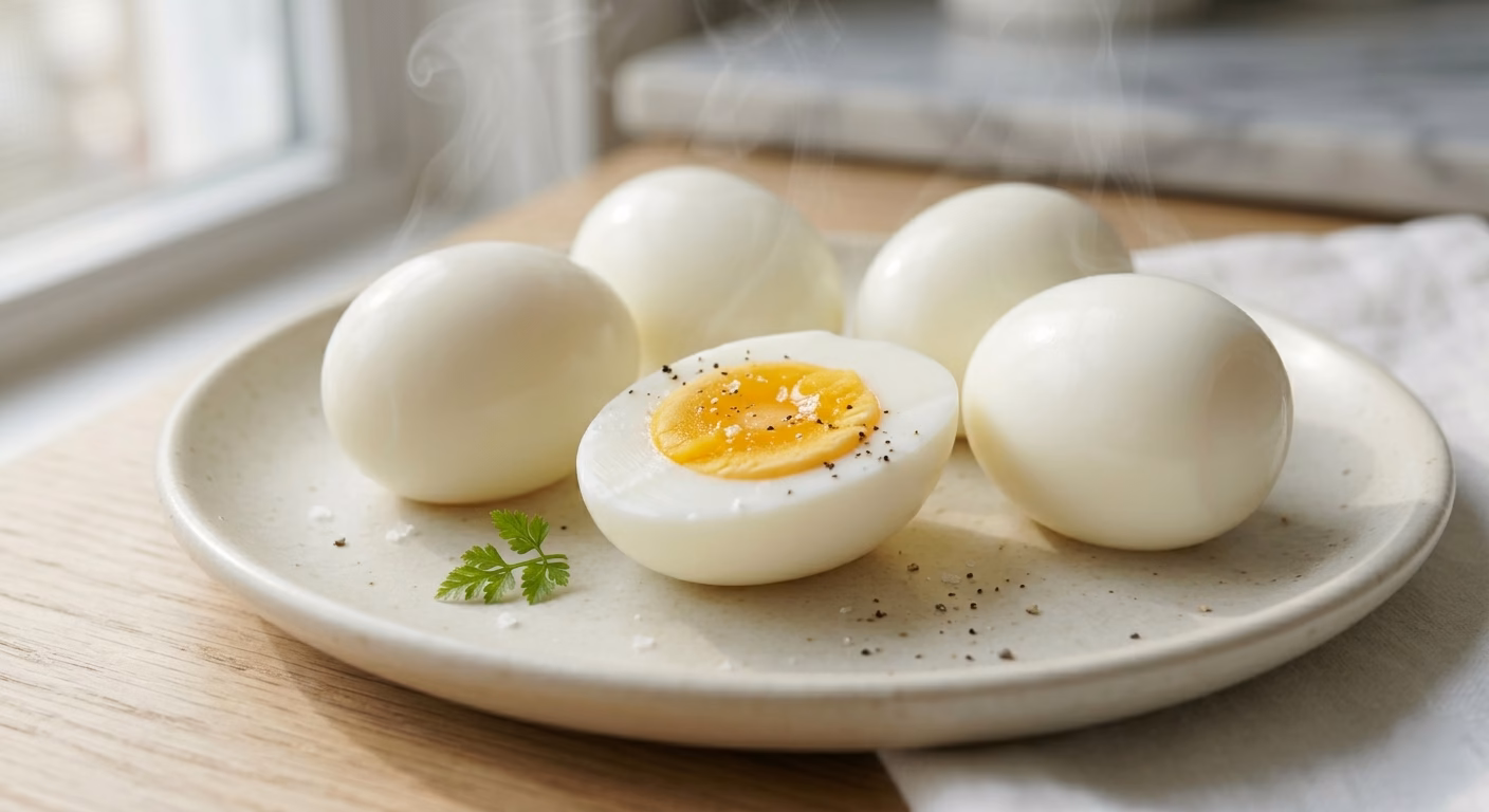 steam boiled eggs cut open showing smooth tender egg white and soft yolk texture