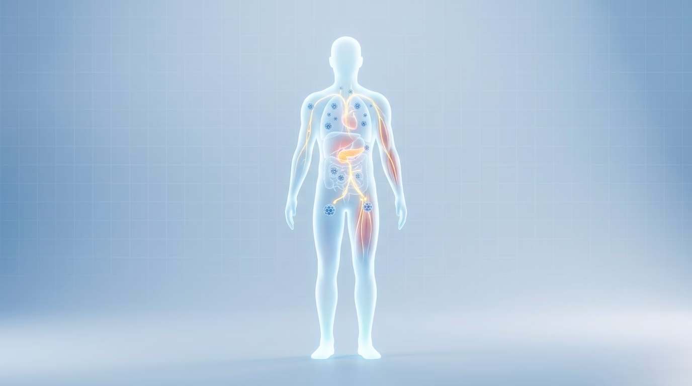 Abstract human body showing internal sugar metabolism and energy flow in a medical concept illustration