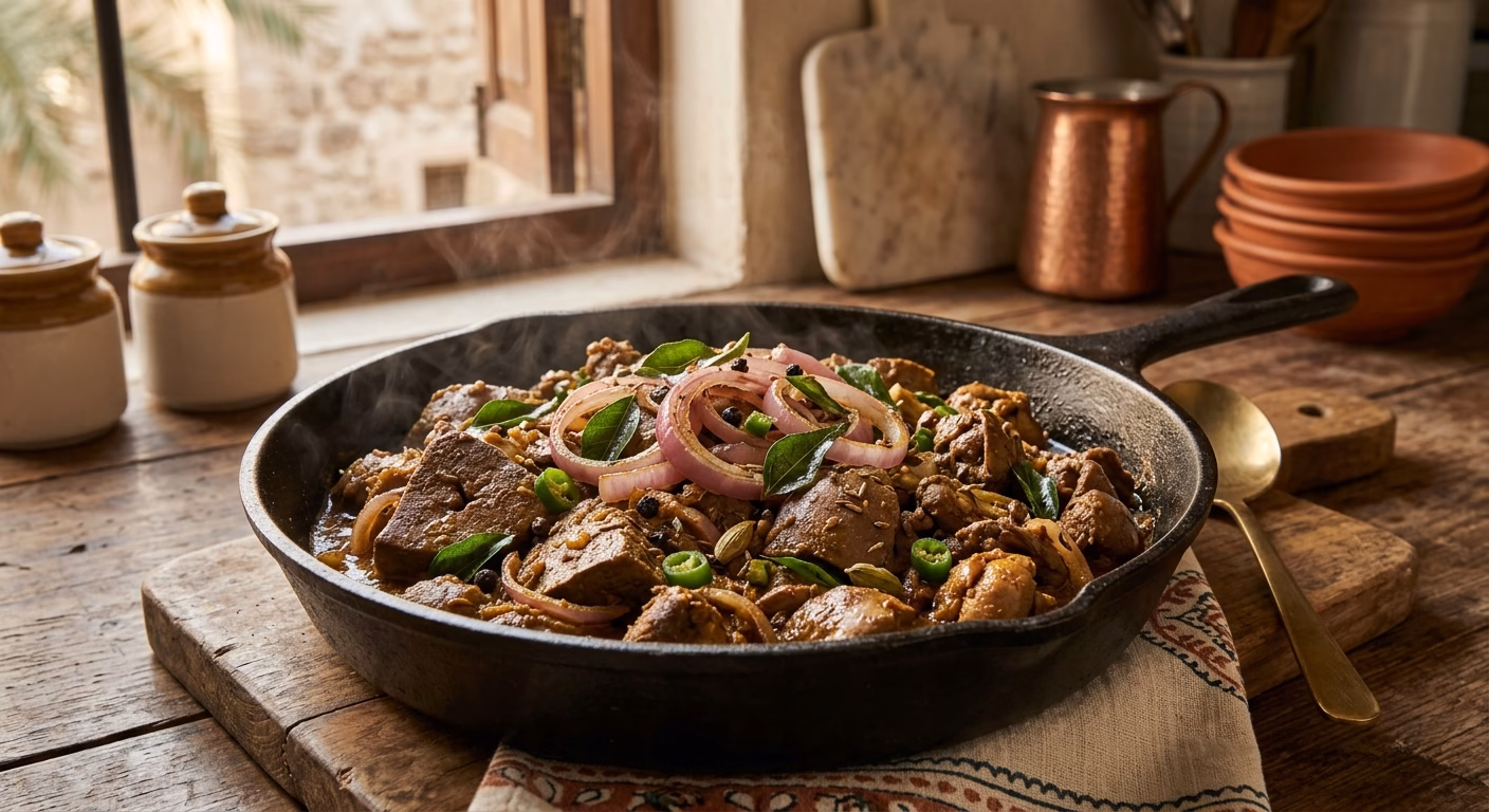 Cooked chicken liver roast garnished with onions, curry leaves, and spices served in a pan