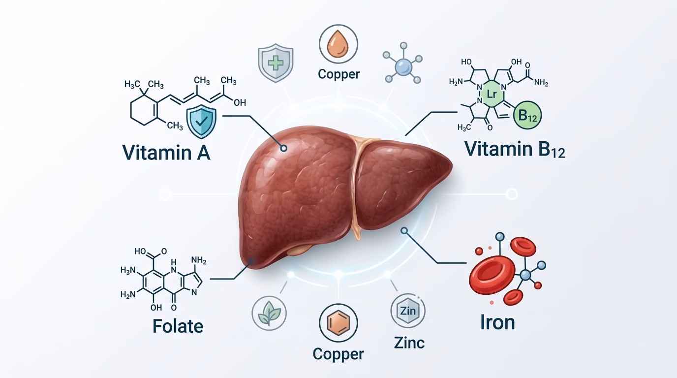 Infographic showing chicken and mutton liver nutrition with vitamins, minerals, and health benefits icons on a clean background