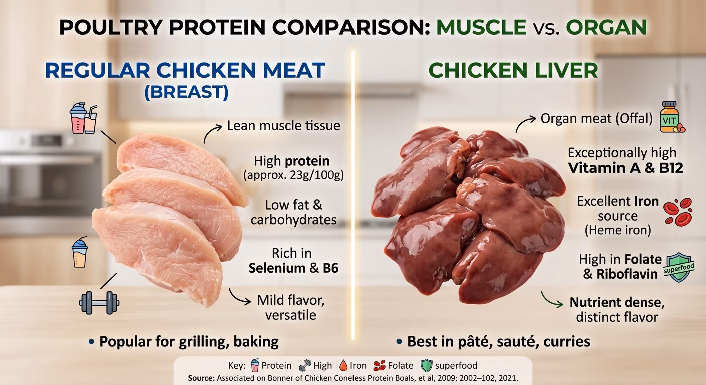 Side-by-side comparison of chicken meat and chicken liver showing differences in texture, color, and nutrition focus