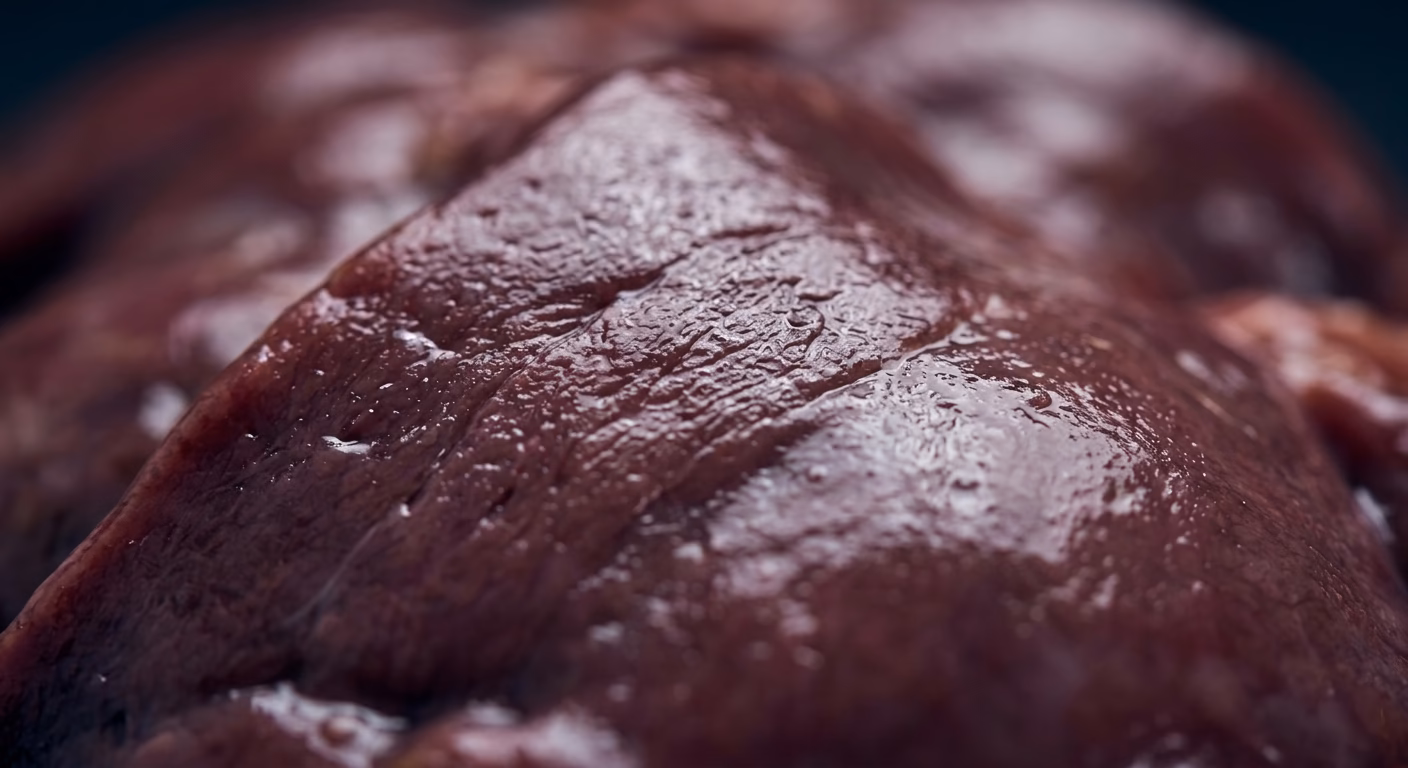 Extreme close-up macro view of fresh chicken liver showing detailed texture and rich color tones