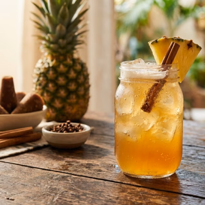 Refreshing glass of traditional Mexican Tepache fermented pineapple drink served over ice